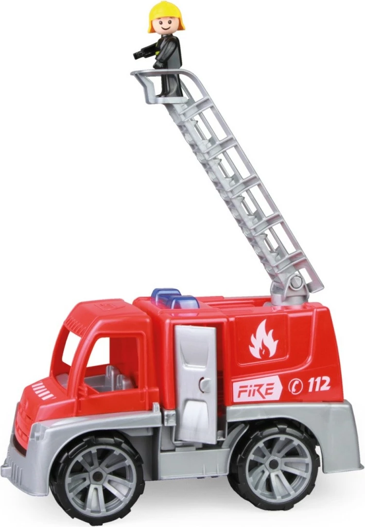 Kamion zjarrfikës lodër Lena Truxx me shkallë dhe figurë zjarrfikësi, i kuq