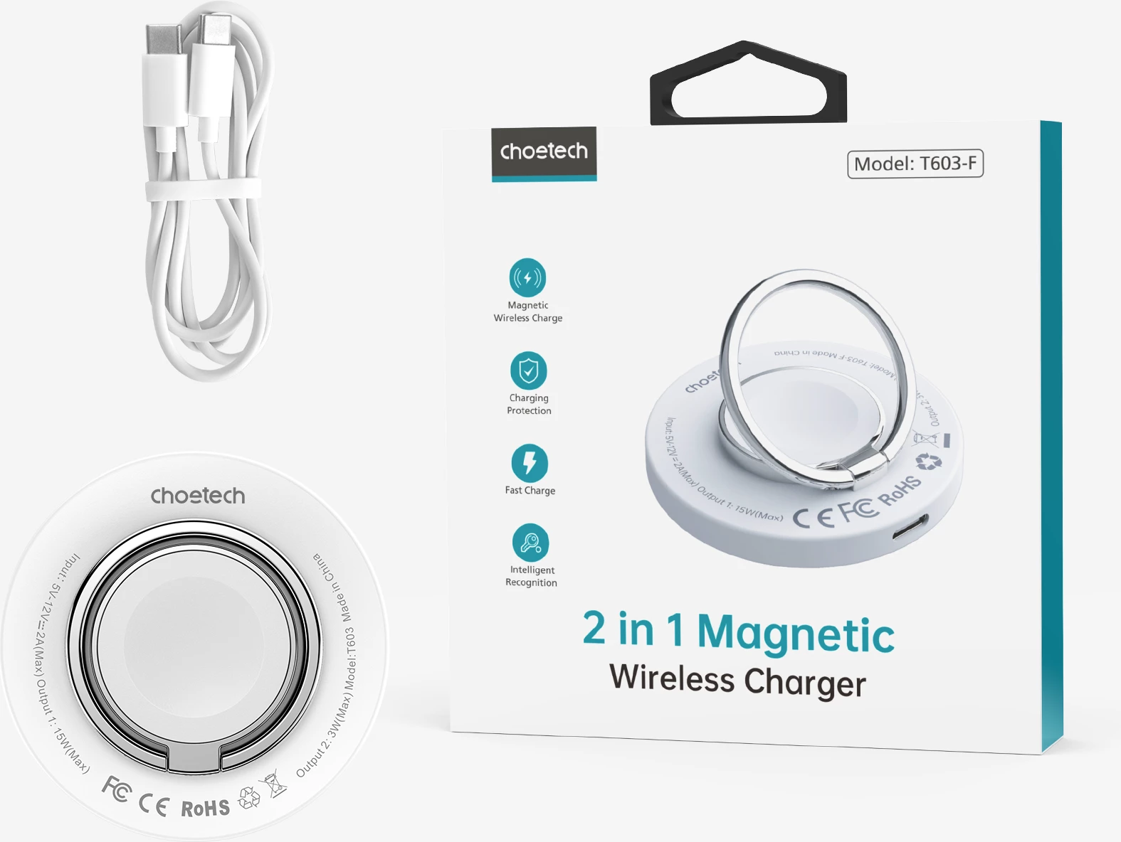 Karikues induktiv MagSafe Choetech T603-F me mbajtëse, i bardhë