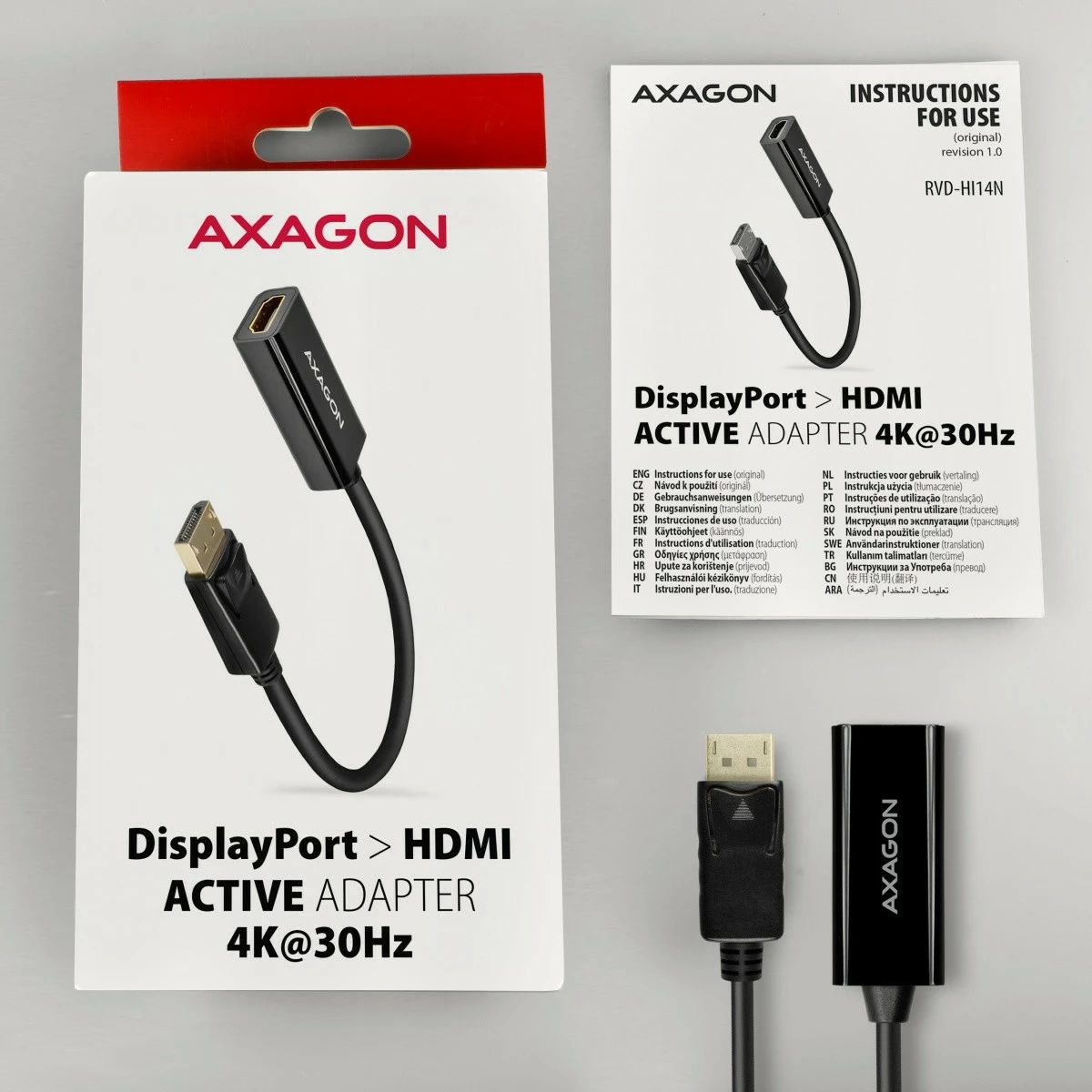 Adapter aktiv AXAGON RVD-HI14N DisplayPort në HDMI, 4K/30Hz, 18cm, zi