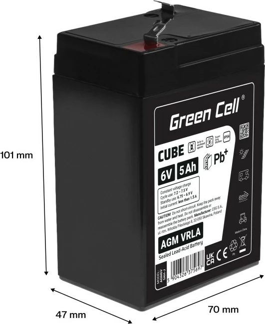 Bateri AGM VRLA, Green Cell, AGM6V5AH-J, 6V 5Ah, IP54, e zezë