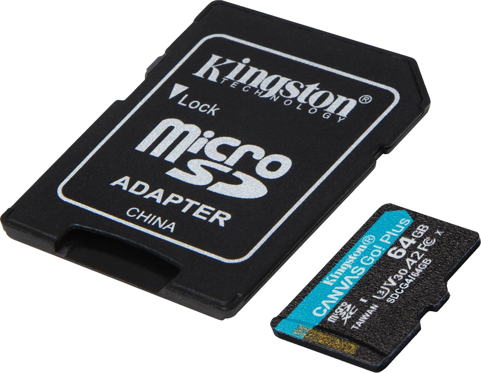 MicroSD kartelë Kingston Canvas Go Plus 64GB, A2, U3, V30, me adapter, e zezë/turkeze