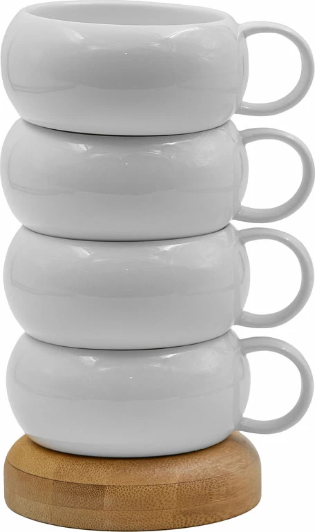Set filxhanësh Curve 4 copë, porcelan i bardhë, bambu natyral, 12x10x19cm