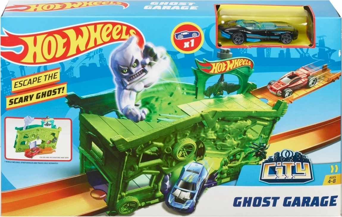 Set garazh lodër Hot Wheels Haunted Garage FJN34/FJN38, me veturë, Jeshile/Portokalli/Vjollcë