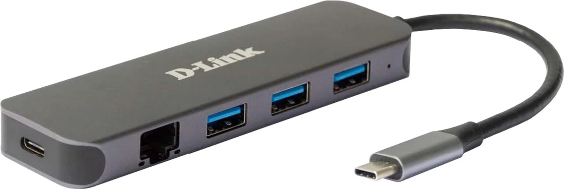 Hub USB, D-Link DUB-2334, USB-C me 3x USB 3.0, RJ-45, Power Delivery, gri