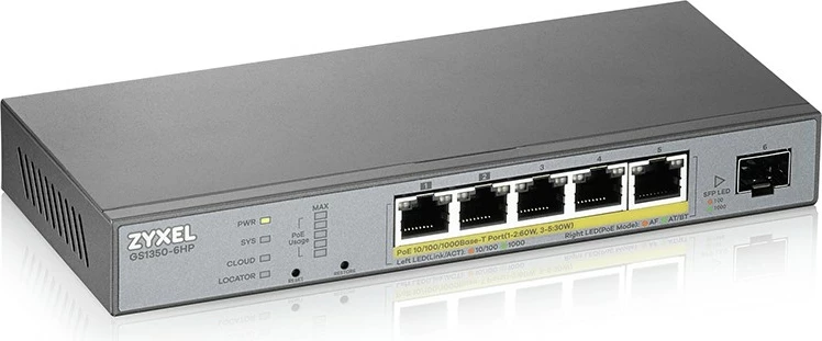 Switch Zyxel GS1350-6HP-EU0101F, Managed, L2, Gigabit Ethernet, PoE, Wall mountable