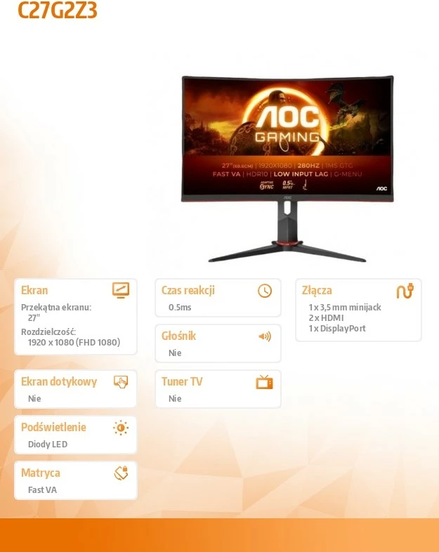 Monitor gaming AOC C27G2Z3, 27", Fast VA, 280Hz, FHD, i zi