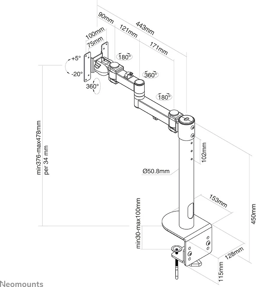 Mbajtës monitori Neomounts FPMA-D960BLACKPLUS, Clamp, 20 kg, 49", i zi