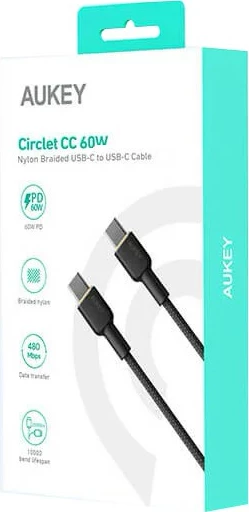 Kabllo AUKEY CB-NCC2 USB-C në USB-C, 1.8m, 60W, Najlon, E zezë