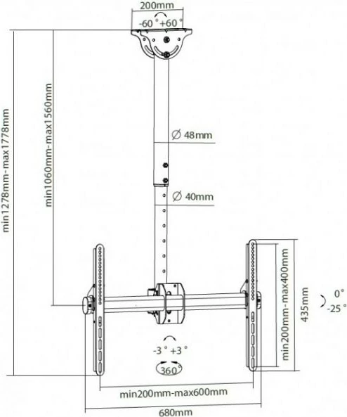 Mbajtëse tavani për TV/monitor Techly 309357, për LCD/LED 37-70 inç, 50kg, e zezë