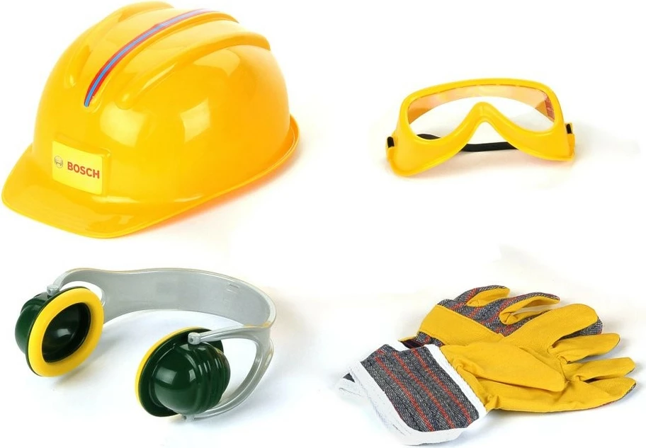 Set lodrash aksesorë pune për fëmijë Klein Bosch, 4 pjesë, helmetë, doreza, syze, mbrojtëse veshësh, e verdhë/e gjelbër