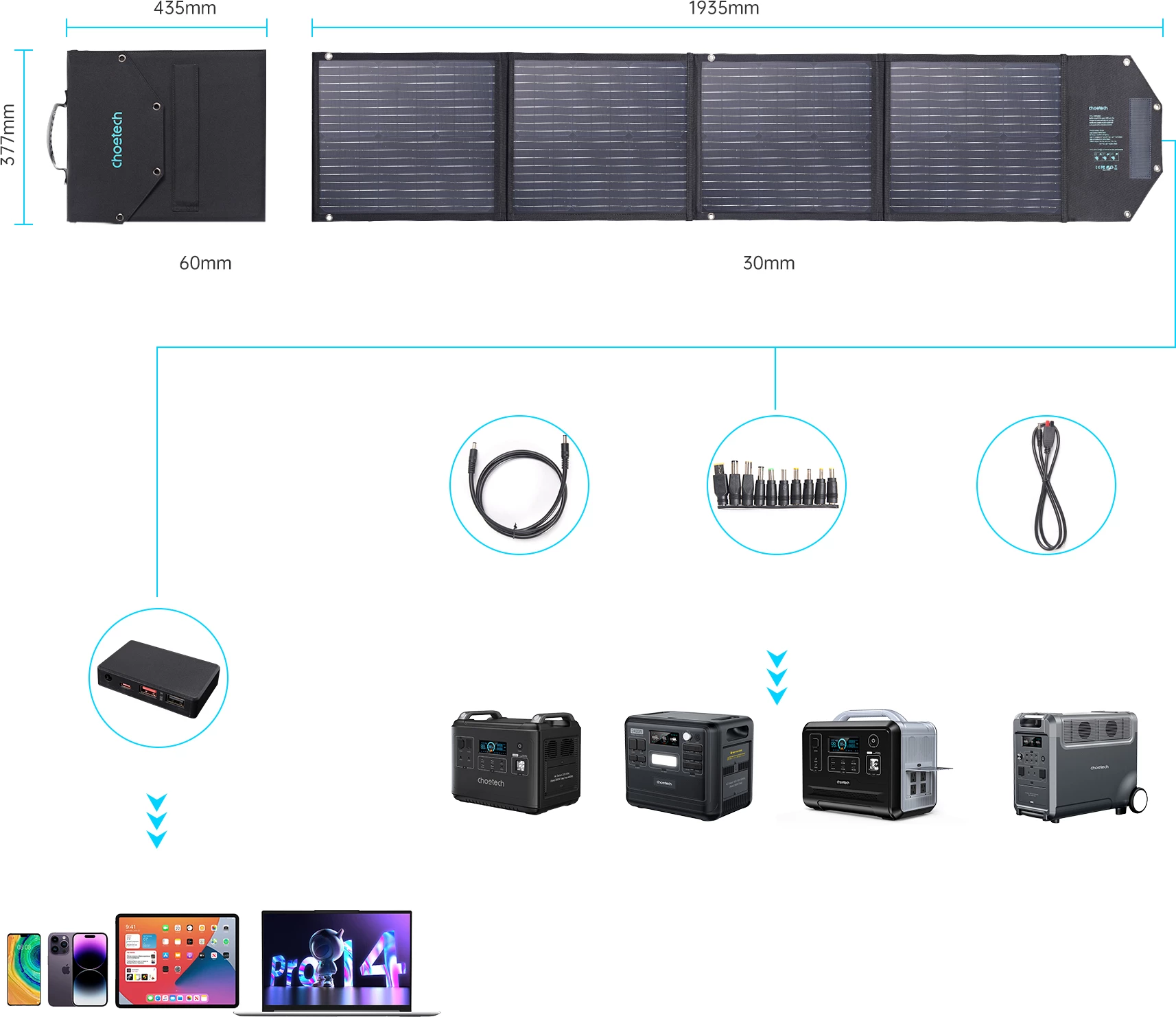 Karikues diellor i palosshëm Choetech SC009-V2, 100W, 2x USB-A, USB-C, i zi