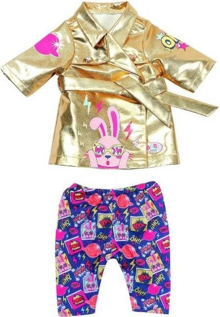 Set rroba për kukull Baby Born Zapf 43 cm, pallto e artë dhe pantallona shumëngjyrëshe