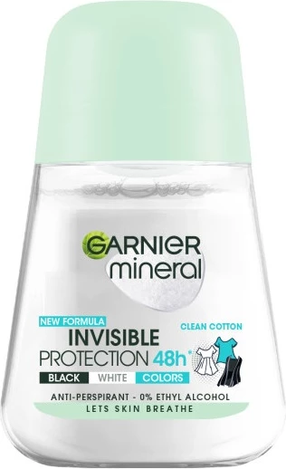 Deodorant roll-on për femra Garnier Mineral Invisible Protection Clean Cotton, 50ml