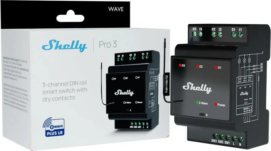 Relé i mençur Shelly Wave Hutschiene Pro 3, 3x16A, Z-Wave, e zezë