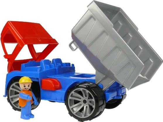 Kamion lodër Lena dump truck 27 cm, plastikë, blu/kuqe/argjend, me figurë