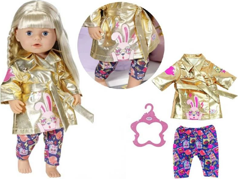 Set rroba për kukull Baby Born Zapf 43 cm, pallto e artë dhe pantallona shumëngjyrëshe