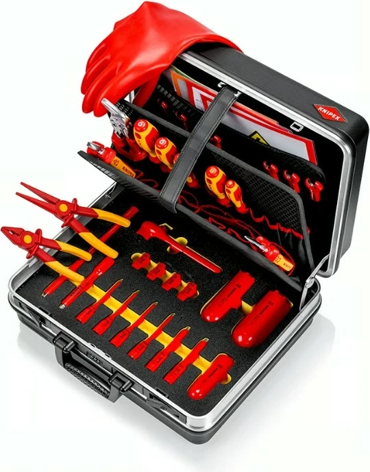 Kasë veglash Knipex Basic E-Mobilitaet, 4 çelësa, me pincë, kaçavida, ngjyrë e zezë/e kuqe/e verdhë