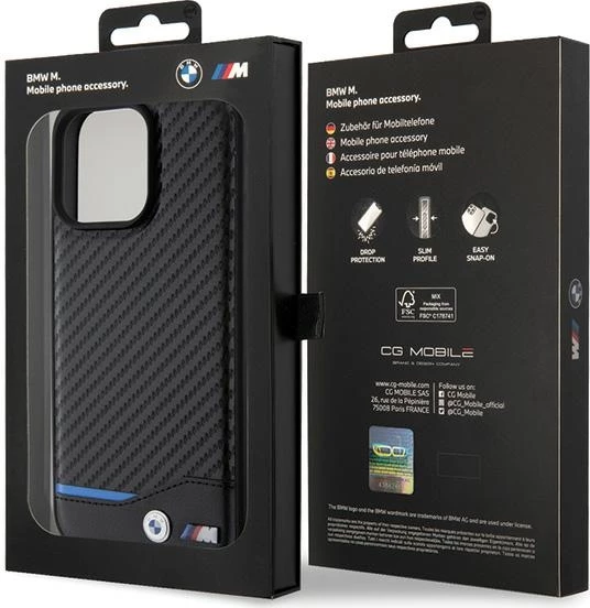 Mbështjellës BMW Leather Carbon për iPhone 15 Pro Max, i zi