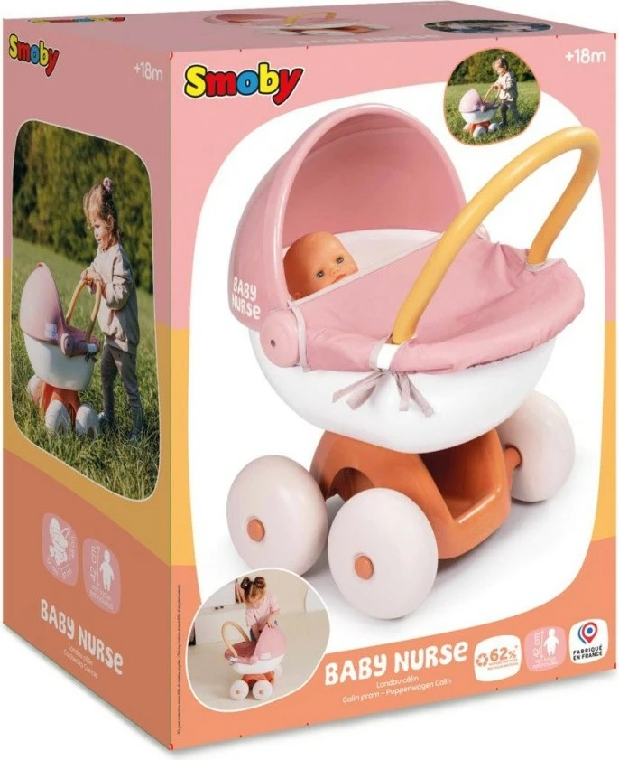 Karrocë lodër për kukulla Smoby Baby Nurse, plastikë e ricikluar, kafe/rozë/e bardhë