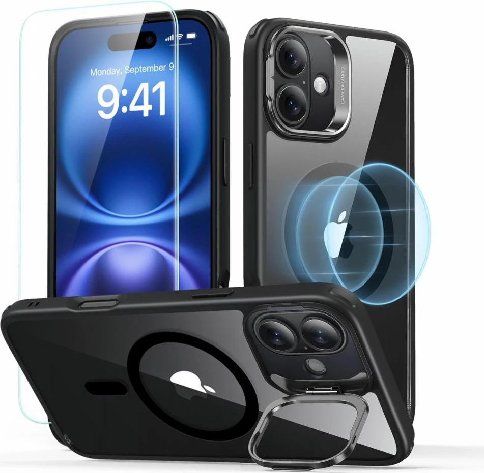 Mbështjellës ESR Classic Hybrid Kickstand HaloLock MagSafe për iPhone 16 Plus, me xham të temperuar, Zi