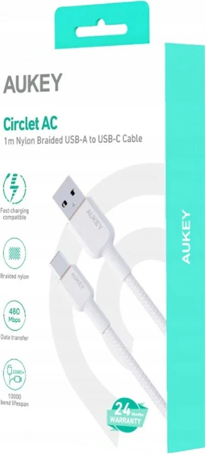 Kabllo AUKEY CB-NAC1, USB-A në USB-C, 1m, 60W, E bardhë