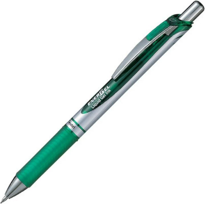 stilolaps me xhel, Pentel EnerGel BL77-DO BL77DO, shkrim i butë, tharje e shpejtë, mekanizëm me shtypje, kapëse metalike, dorezë gome, jeshile