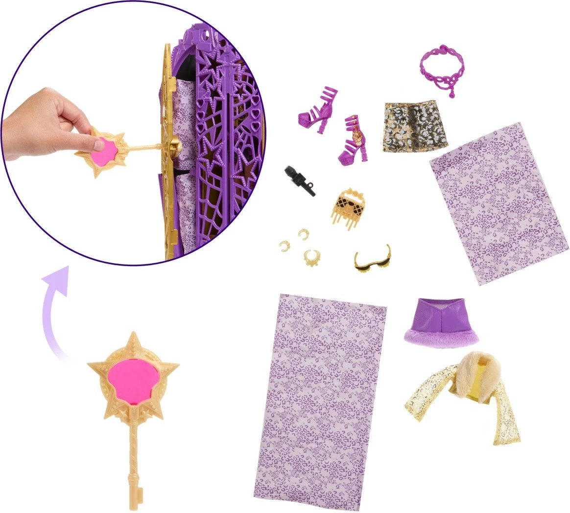 Set lodër Monster High Mattel Clawdeen Wolf Secret Secrets me dollap dhe aksesorë, vjollcë/artë