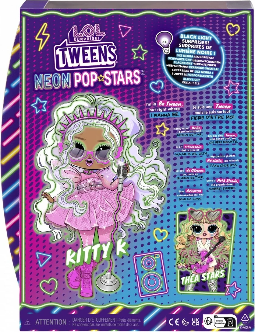 Kukull L.O.L. Surprise Tweens Neon Pop Stars Kitty K me aksesorë, Rozë/Vjollcë