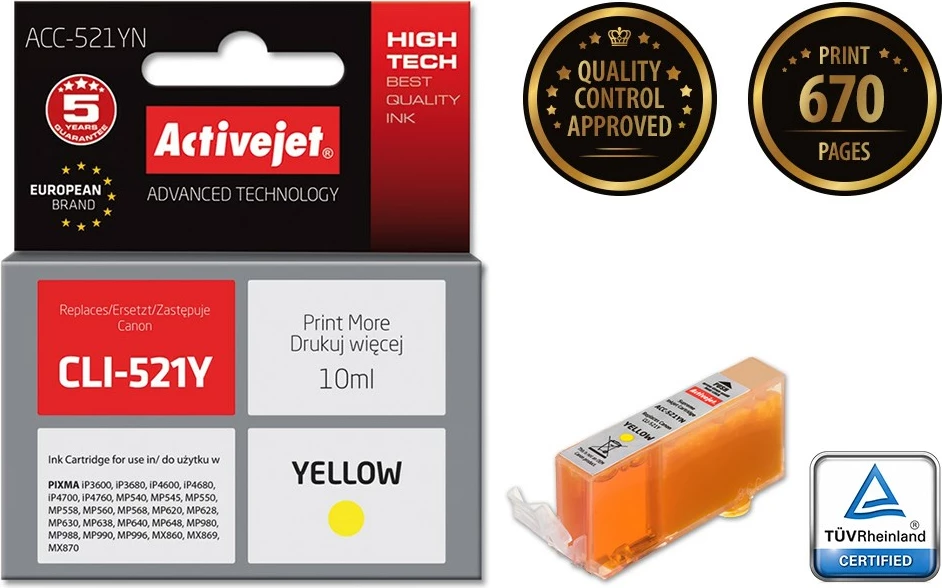Ngjyrë zëvendësuese Activejet ACC-521YN për printer Canon, 10ml, e verdhë