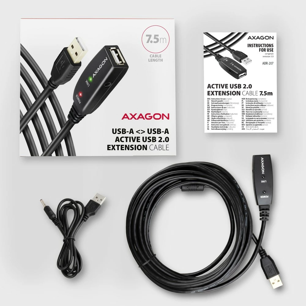 Kabllo zgjatuese aktive USB 2.0 AXAGON ADR-207, 7.5m, e zezë