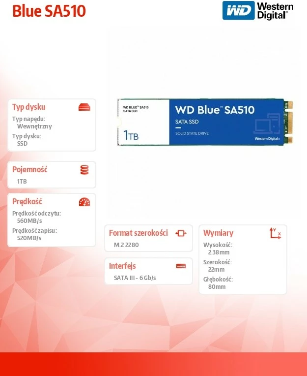 SSD Western Digital Blue SA510, 1TB, M.2 2280, SATA III