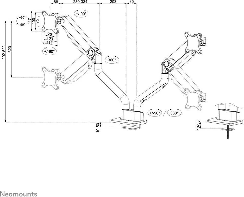 Krah monitori Neomounts Newstar DS70S-950BL2, Clamp/Grommet, 18 kg, 43.2 cm (17"), 88.9 cm (35"), 100 x 100 mm, e zezë