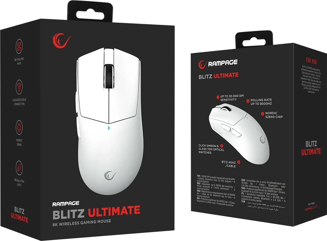 Maus Rampage BLITZ ULTIMATE, optik, 8K, 30000DPI, PAW3950, i bardhë