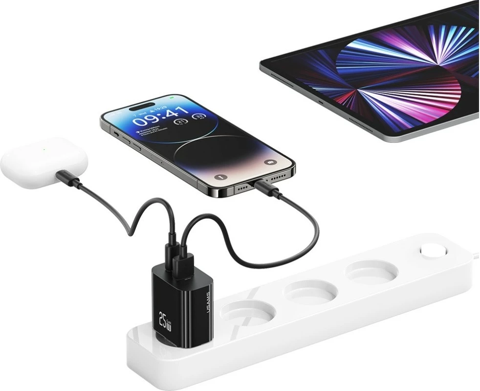 Karikues muri USAMS CC315 T65, 25W, 1xUSB-C, 1xUSB-A, i zi