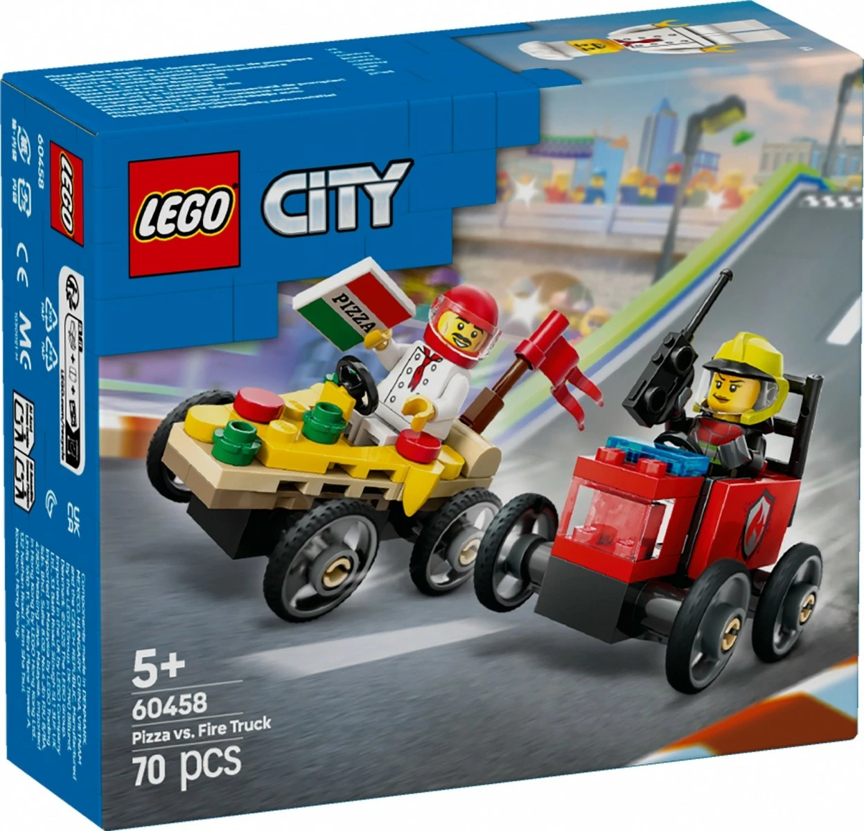 Set lodrash LEGO City Race Car, 60458, 70 pjesë, Pizza vs Fire Truck