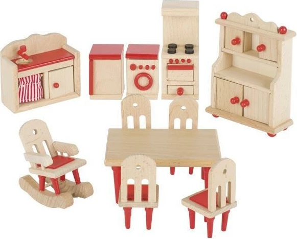 Set kuzhine prej druri GOKI për shtëpi kukullash, 11 pjesë