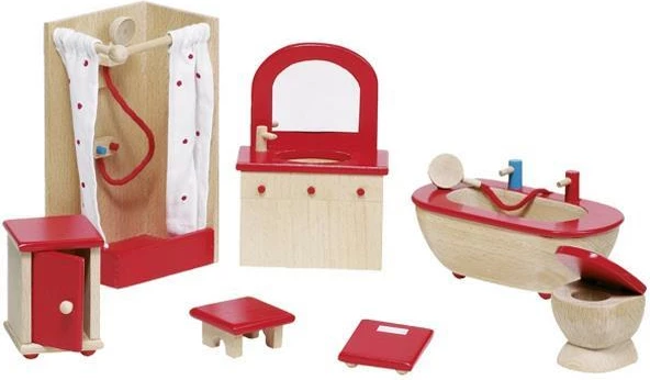 Set banjoje prej druri GOKI për shtëpi kukullash, 7 pjesë, Kuqe