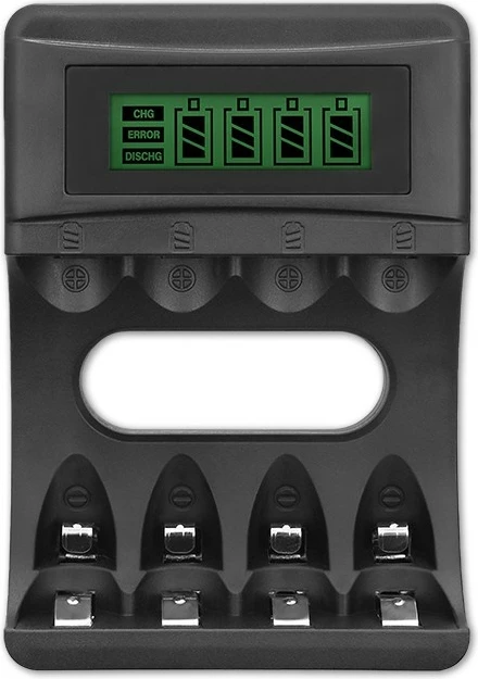 Karikues baterish Qoltec 50654, Ni-MH/Ni-Cd, 4 vende, me ekran LCD, i zi