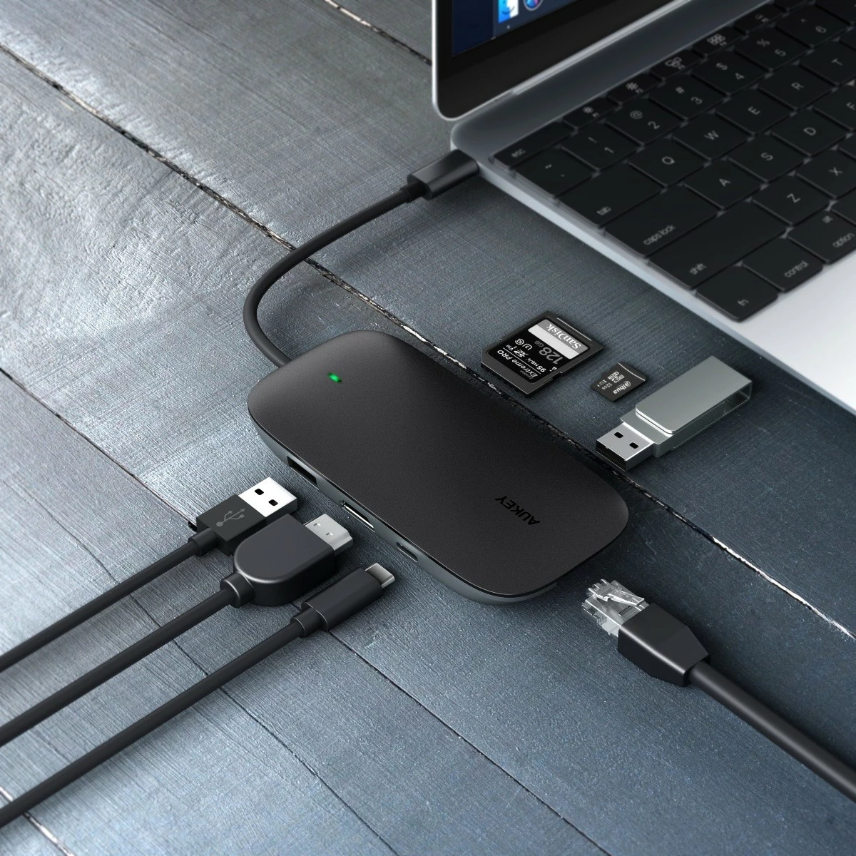 USB-C HUB AUKEY CB-C71 8-në-1, HDMI 4K, 3x USB 3.1, RJ45, SD/microSD, Power Delivery 100W, Alumini, Zi