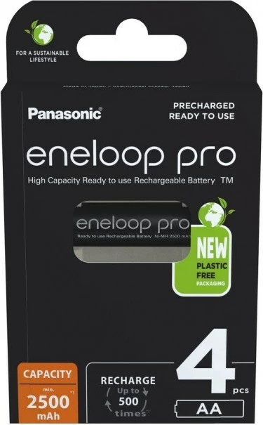 Bateri të rikarikueshme Panasonic Eneloop Pro AA 2500 mAh, 4 copë, Zezë