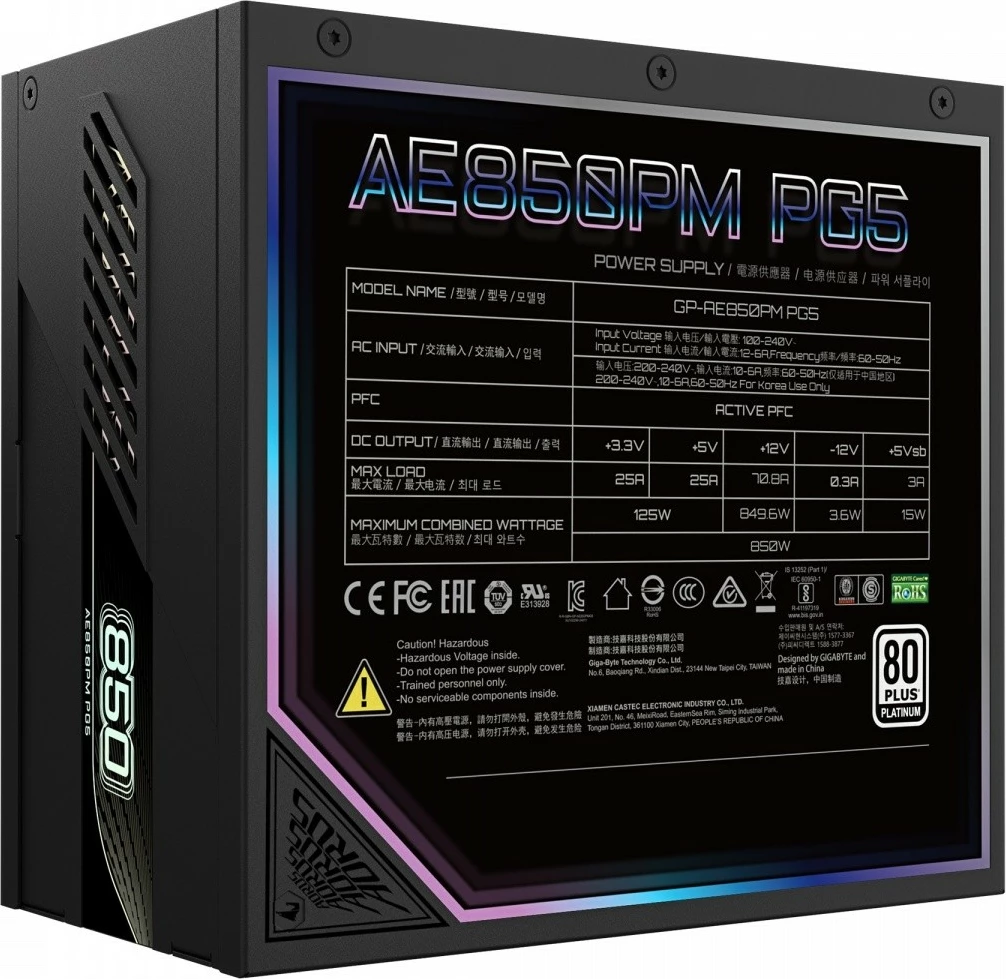 Kasë energjie Gigabyte GP-AE850PM PG5, 850W, Modular, 80 PLUS Platinum, e zezë