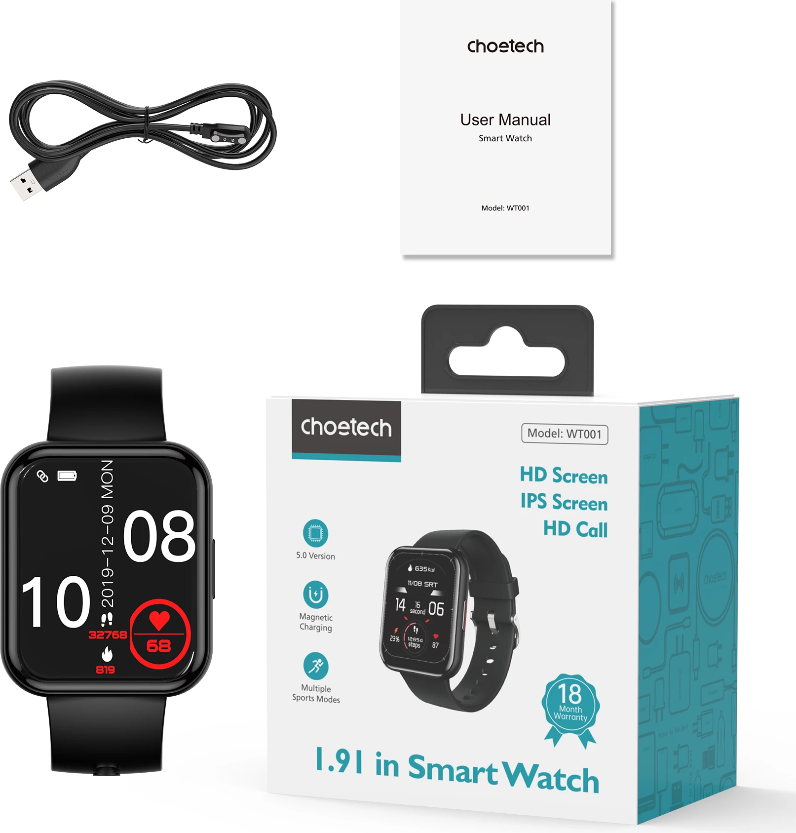 Smartwatch Choetech WT001, 1.91", IP67, Bluetooth 5.0, 300 mAh, e zezë