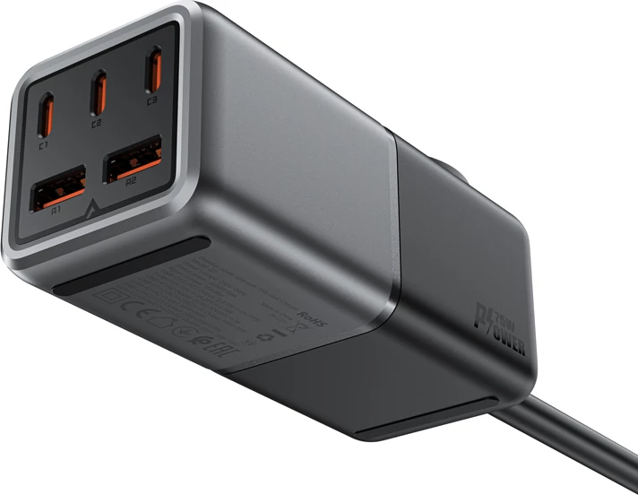 Karikues desktop Acefast Z2 GaN, 75W, 3x USB-C, 2x USB-A, zezë/gri