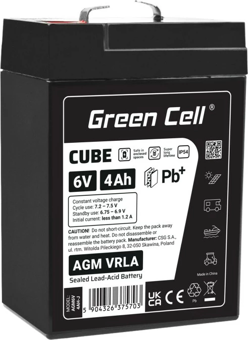 Bateri AGM VRLA, Green Cell, AGM6V4AH-J, 6V 4Ah, IP54, 101x70x47 mm, e zezë
