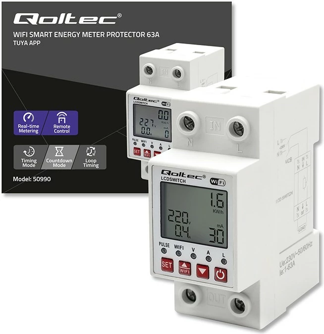 Relé inteligjente Qoltec 50990 me matës energjie, Wi-Fi, Timer, e bardhë