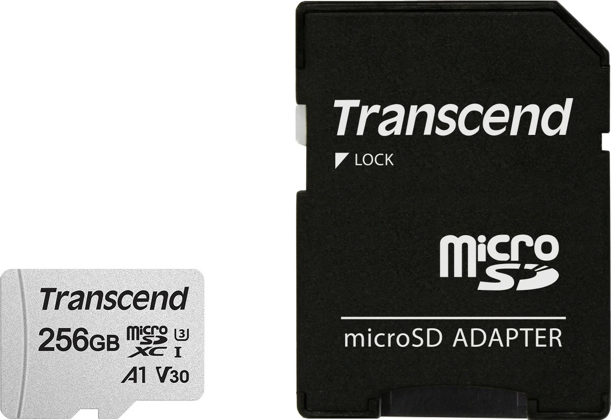 Kartelë memorie Transcend microSDXC 300S 256GB me adapter, Class 3, argjend
