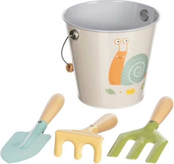 Set veglash kopshti GOKI për fëmijë, kovë, lopatë, grabujë, pirun