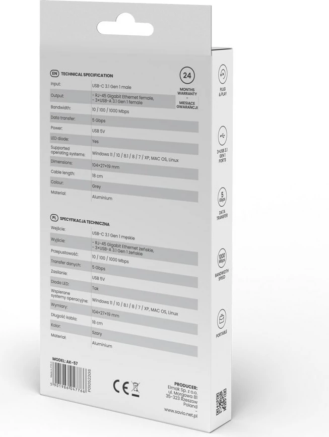 Hub Savio AK-57 USB-C - 3 x USB-A, 5000 MB/s, hiri