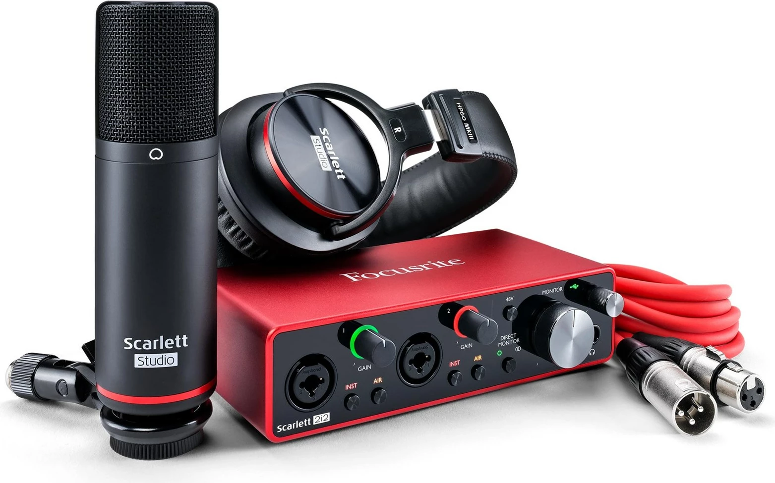 Set studio Focusrite Scarlett 2i2 Studio me mikrofon, kufje dhe interfejs audio, Kuqe