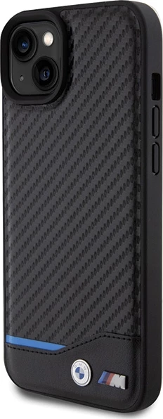 Mbështjellës BMW Leather Carbon për iPhone 15 Plus, i zi